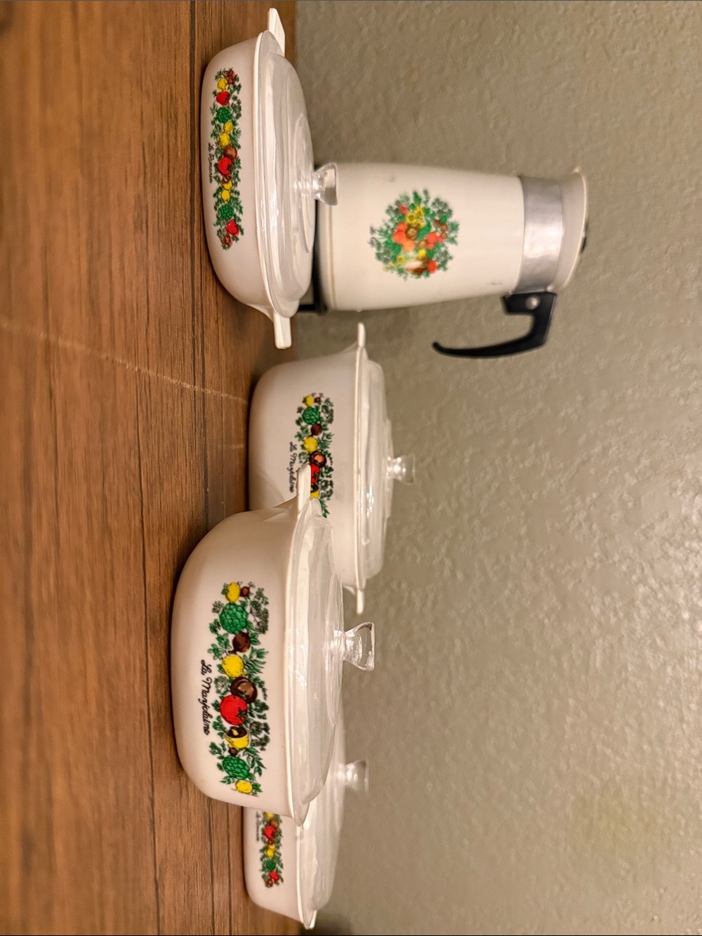 Toy Vintage White Plastic Casserole Set with Fruit Motif & Coffee Pot